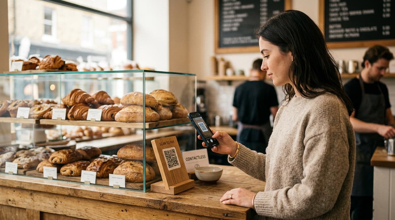 Customer scanning a QR code at a bakery counter before picking up their order