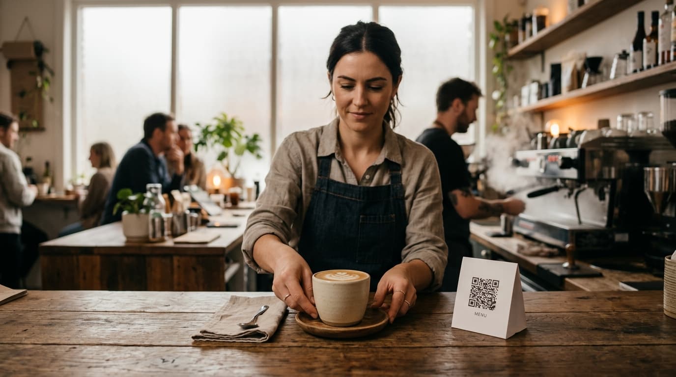 Barista smiling behind a coffee shop counter with a QR code card