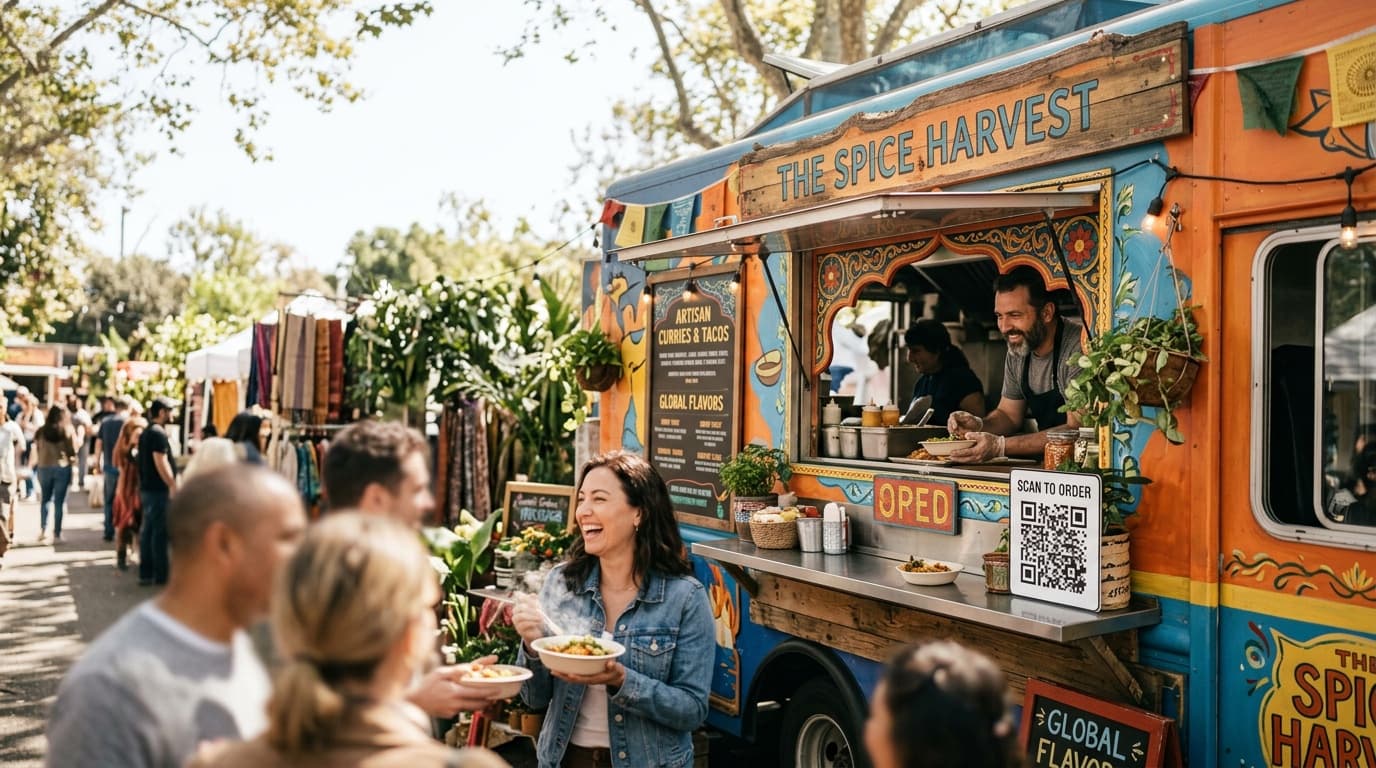 A food truck serving customers at a sunny outdoor market, with a QR code sign visible at the ordering window