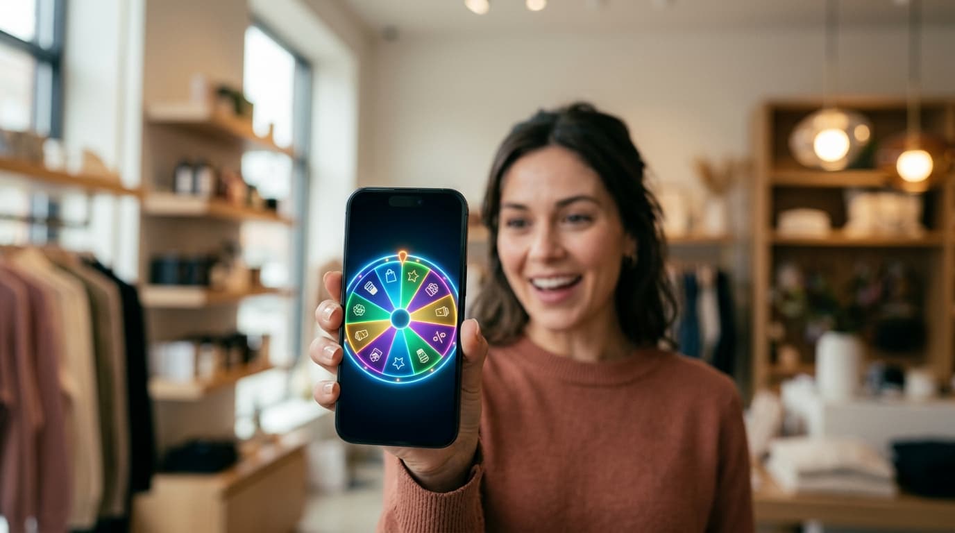 Digital fortune wheel displayed on a smartphone screen at a point of sale