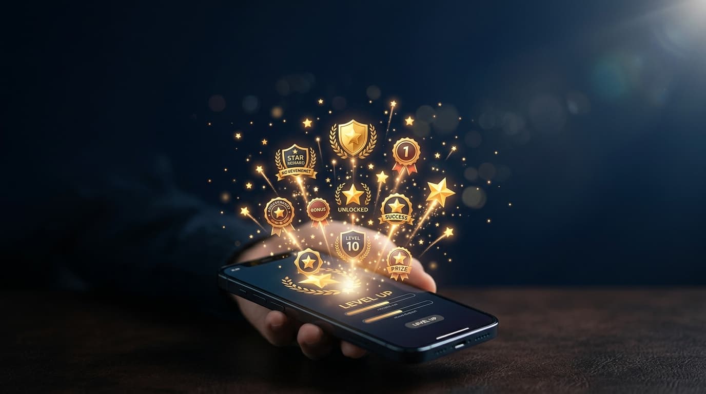 Glowing star particles and rewards bursting from a smartphone screen