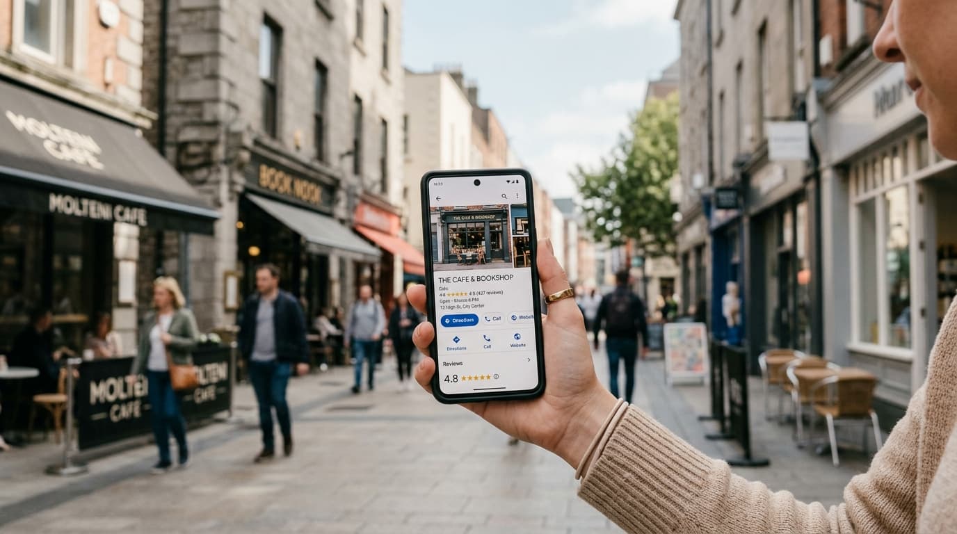 Smartphone displaying a business profile on Google Maps with star ratings and customer reviews