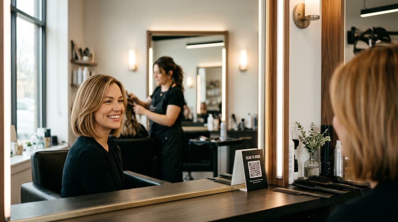 Client sitting in a salon chair with a QR code card placed on the mirror in front of her