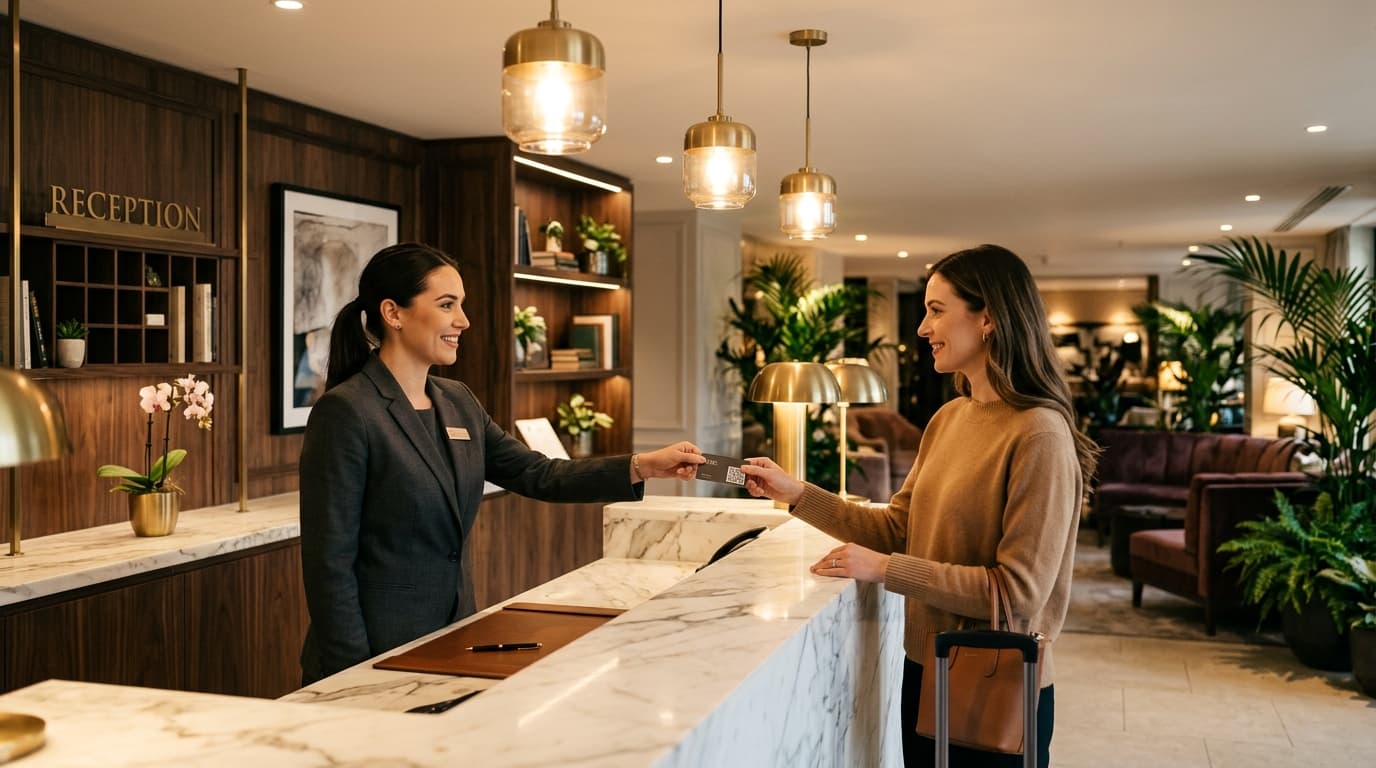Hotel receptionist handing a QR code card to a guest at the front desk during check-out