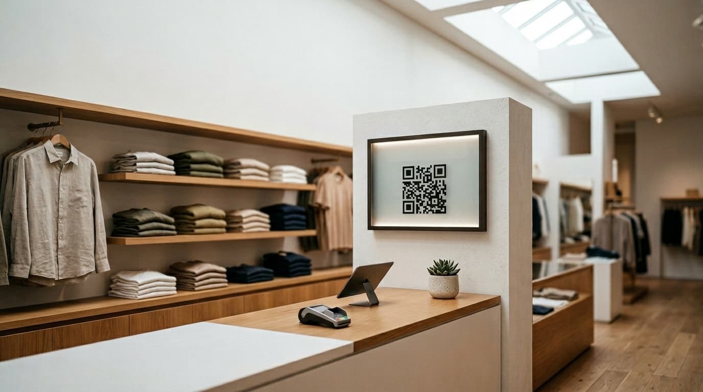 Minimalist retail store interior with a QR code display panel to collect Google reviews from customers