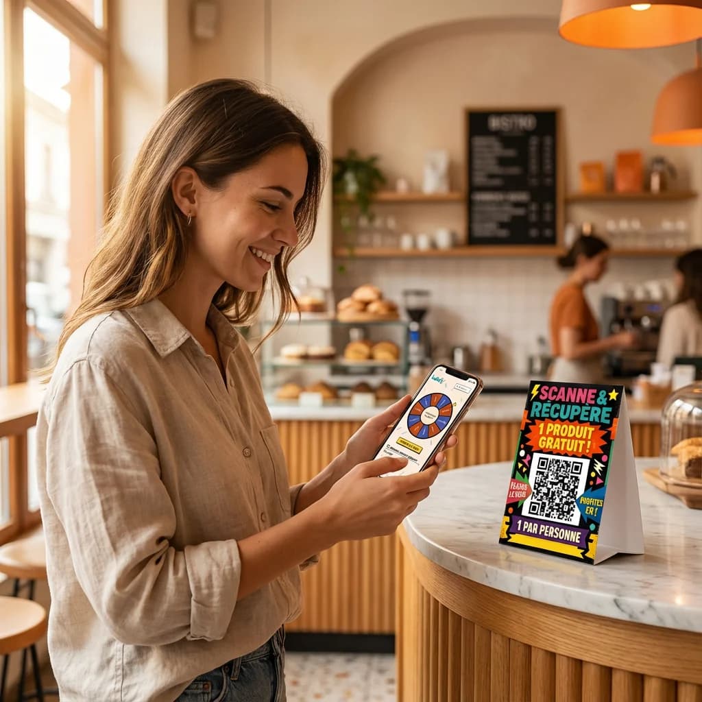 Cliente scannant un QR code dans un café pour jouer à la roue de la fortune Ludofy