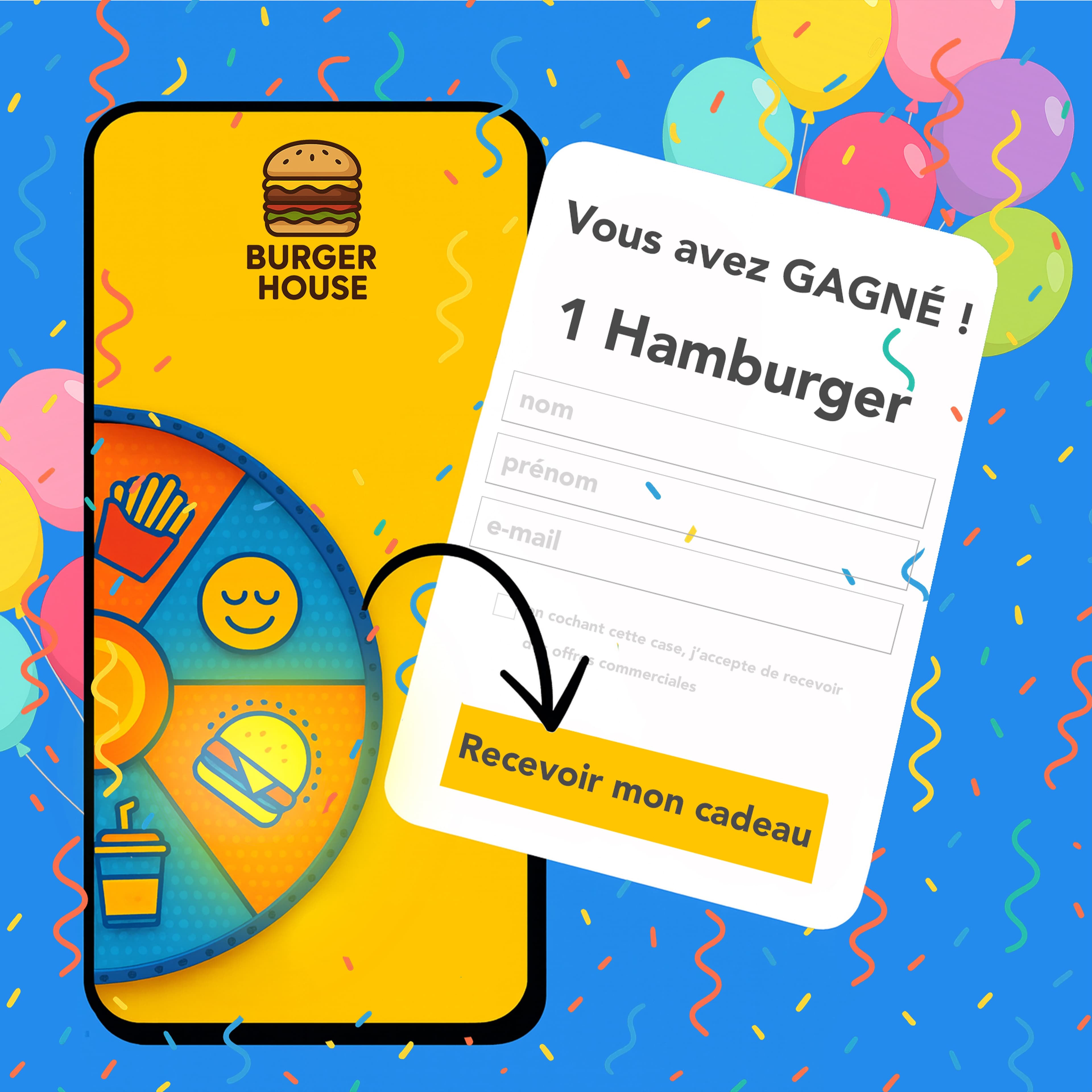 Écran de victoire avec confettis montrant un hamburger gagné