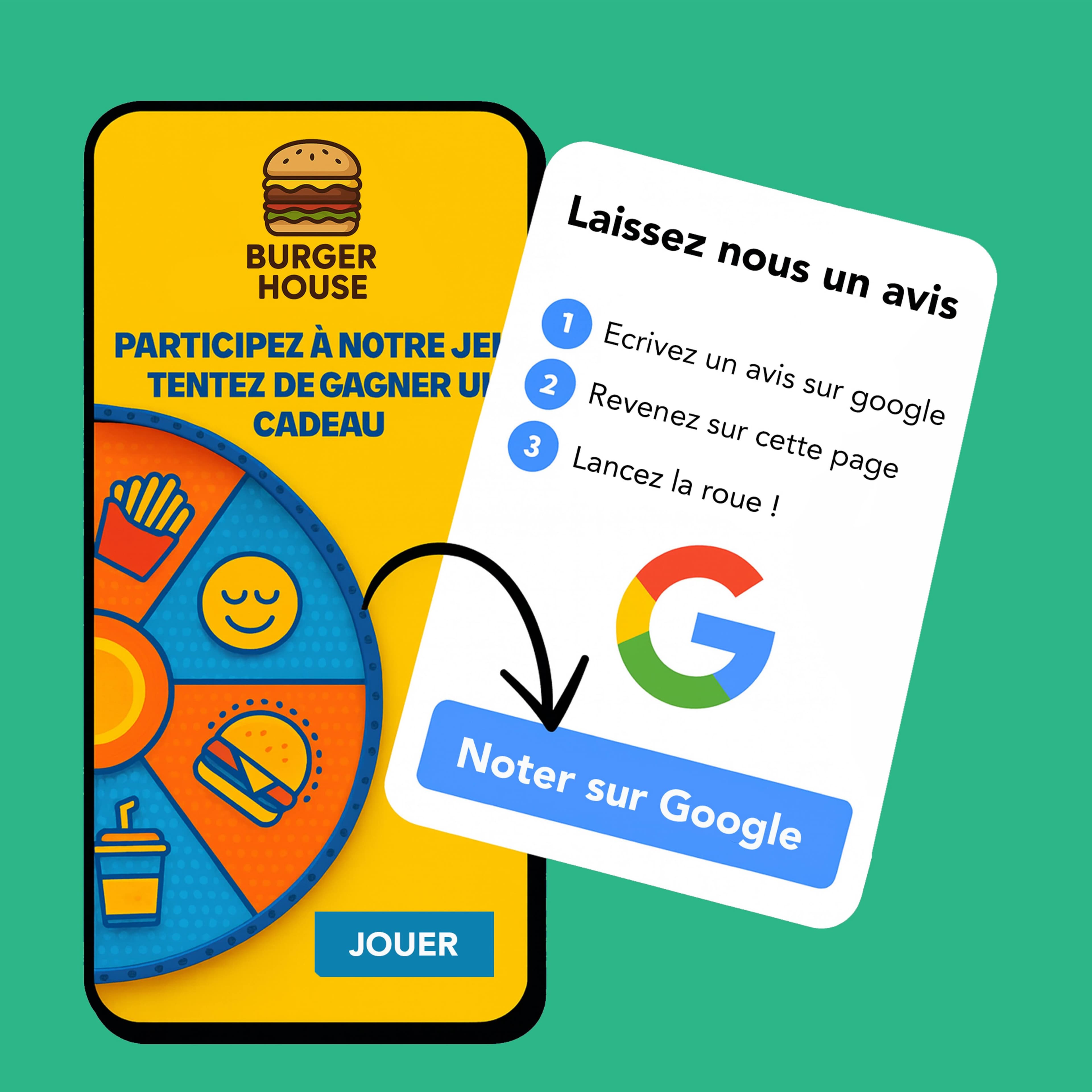 Interface mobile montrant la redirection vers Google pour laisser un avis
